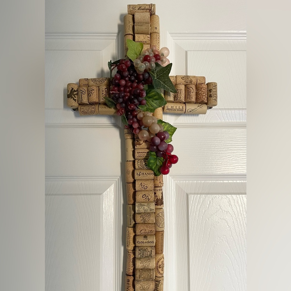 Hand Crafted Cork Cross with Red, Purple, Green Grape Accents